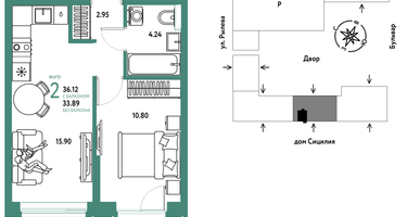 2-к. квартира, 36&nbsp;м²