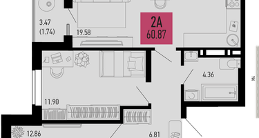 2-к. квартира, 60&nbsp;м²