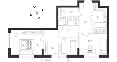 3-к. квартира, 59&nbsp;м²