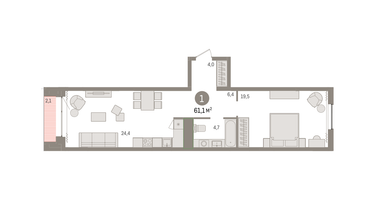1-к. квартира, 61&nbsp;м²
