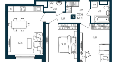 2-к. квартира, 63&nbsp;м²