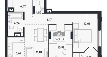 3-к. квартира, 57&nbsp;м²