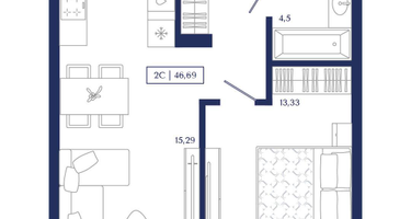 2-к. квартира, 46&nbsp;м²