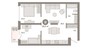 2-к. квартира, 59&nbsp;м²