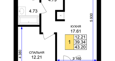 1-к. квартира, 43&nbsp;м²