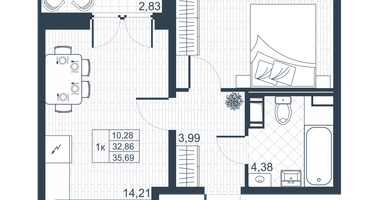 1-к. квартира, 34&nbsp;м²