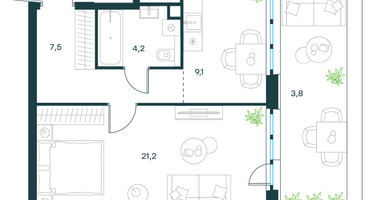 1-к. квартира, 45 м²