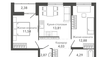 2-к. квартира, 57&nbsp;м²
