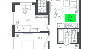 2-к. квартира, 56&nbsp;м²
