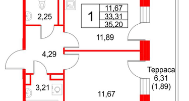 1-к. квартира, 35&nbsp;м²