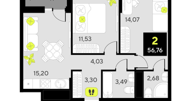 2-к. квартира, 56&nbsp;м²