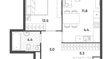 2-к. квартира, 43&nbsp;м²