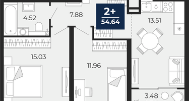 2-к. квартира, 52&nbsp;м²