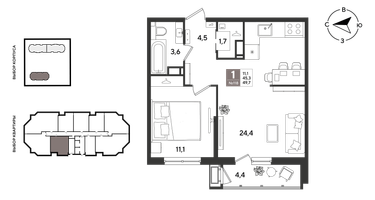 1-к. квартира, 49&nbsp;м²
