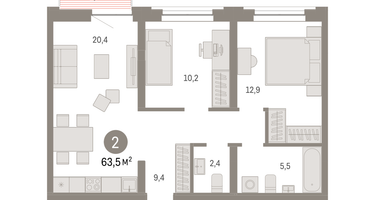 2-к. квартира, 63 м²