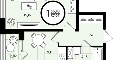 1-к. квартира, 37&nbsp;м²