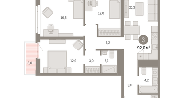 3-к. квартира, 91 м²