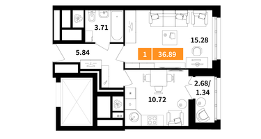 1-к. квартира, 36&nbsp;м²