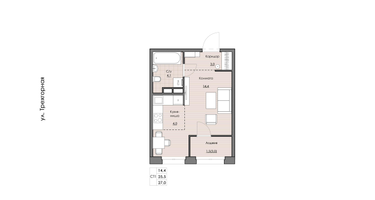 1-к. квартира, 27&nbsp;м²