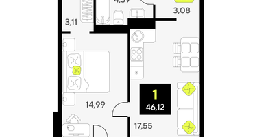 1-к. квартира, 43&nbsp;м²