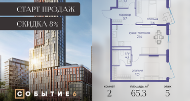 2-к. квартира, 65&nbsp;м²