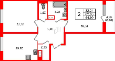 2-к. квартира, 64&nbsp;м²