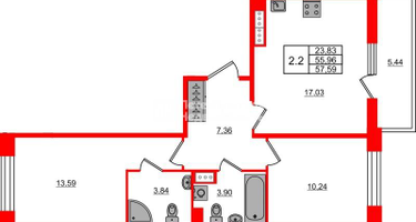 2-к. квартира, 55&nbsp;м²