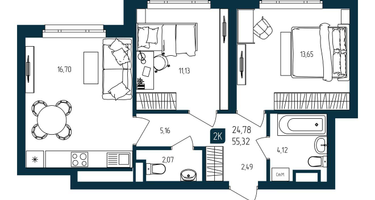 2-к. квартира, 55 м²