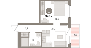 1-к. квартира, 36 м²