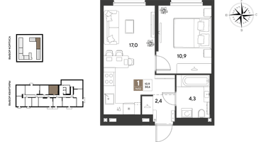 1-к. квартира, 34&nbsp;м²