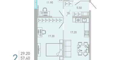 2-к. квартира, 59&nbsp;м²