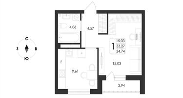 1-к. квартира, 34&nbsp;м²