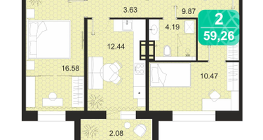 2-к. квартира, 59 м²