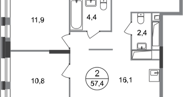 2-к. квартира, 57&nbsp;м²