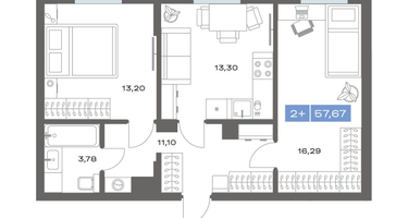 2-к. квартира, 57&nbsp;м²