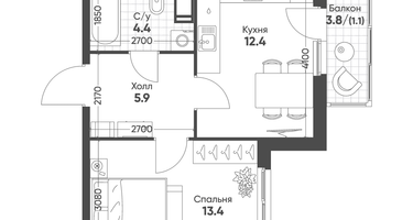 1-к. квартира, 37&nbsp;м²