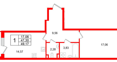 1-к. квартира, 52&nbsp;м²