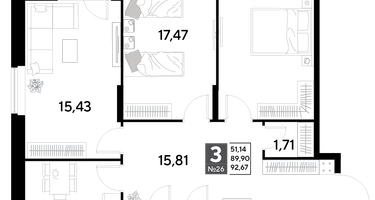3-к. квартира, 92&nbsp;м²