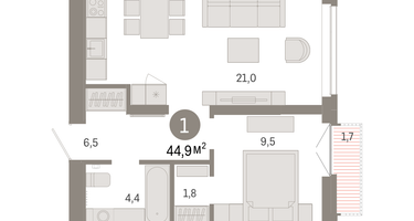 1-к. квартира, 44&nbsp;м²