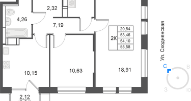 2-к. квартира, 54&nbsp;м²