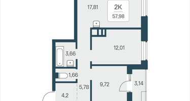 2-к. квартира, 57&nbsp;м²