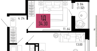 1-к. квартира, 34&nbsp;м²