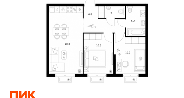 2-к. квартира, 55 м²