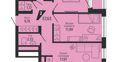 2-к. квартира, 57&nbsp;м²