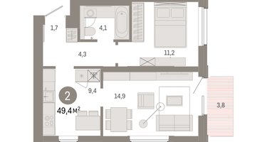 2-к. квартира, 49 м²