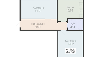 2-к. квартира, 62&nbsp;м²