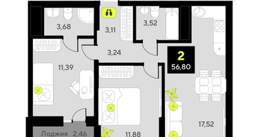 2-к. квартира, 56&nbsp;м²