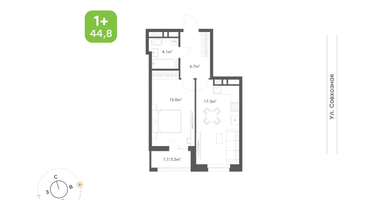 1-к. квартира, 44&nbsp;м²