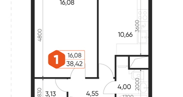 1-к. квартира, 38 м²
