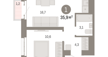1-к. квартира, 35&nbsp;м²
